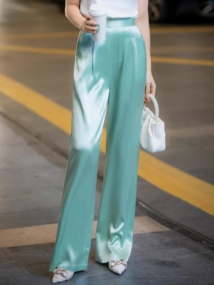 

Fashion New Women Elegant Solid Long Pants Summer Vintage Chic Straight Office Pantalons Satin Casual Loose Female Trousers