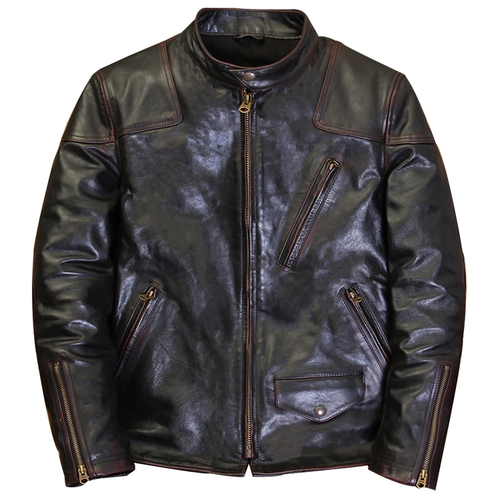 Old Fashion US Style Motorcycle Leather Jacket Mans Horsehide Coat Winter Autumn Season Genuine Leather Outerwear Streetwear