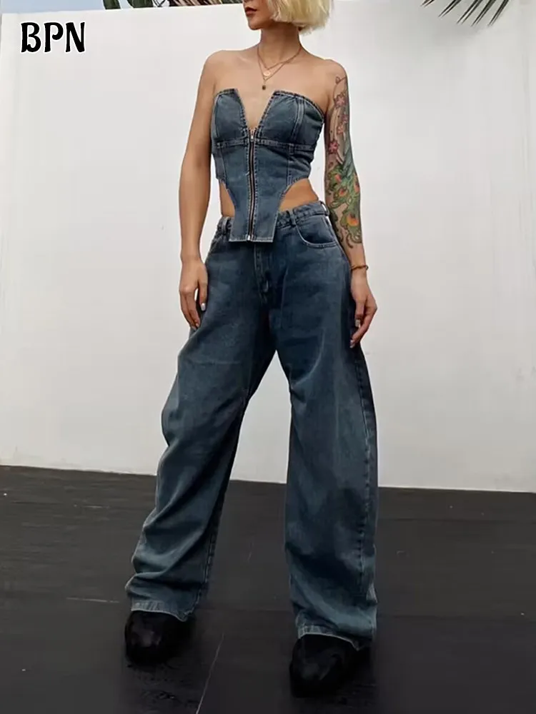

BPN Soild Denim Two Piece Set For Women Slash Neck Sleeveless Strapless Tops High Waist Wide Leg Jeans Chic Sets Female Fashion