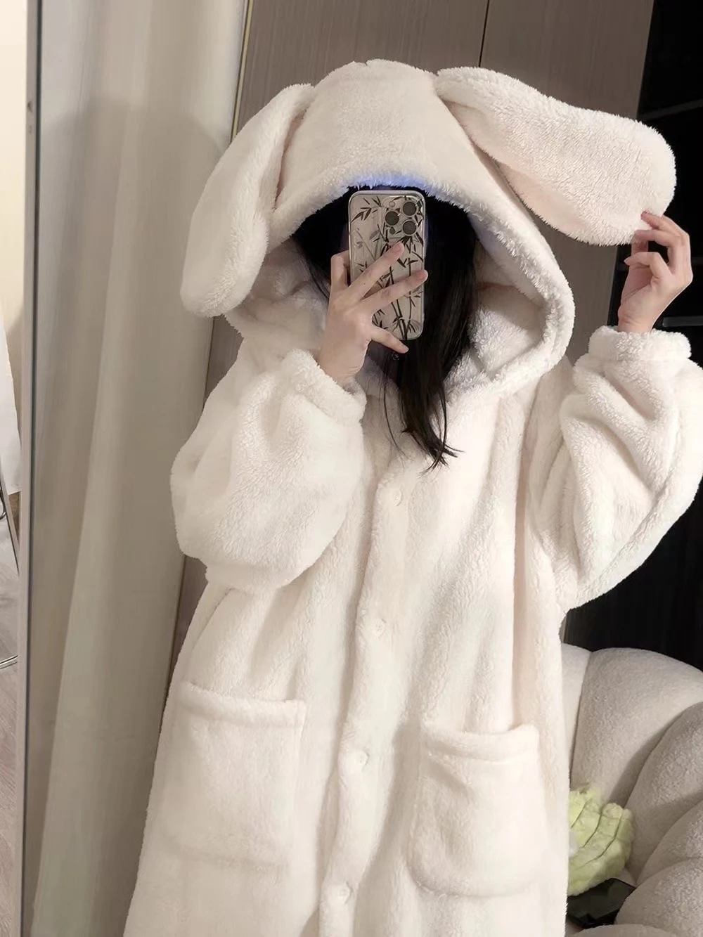 Winter Long Sleeve Hooded Thick Warm Flannel Kimono Robes Women Rabbit Cute Bathrobes Sleepwear Nightdress Night Dre