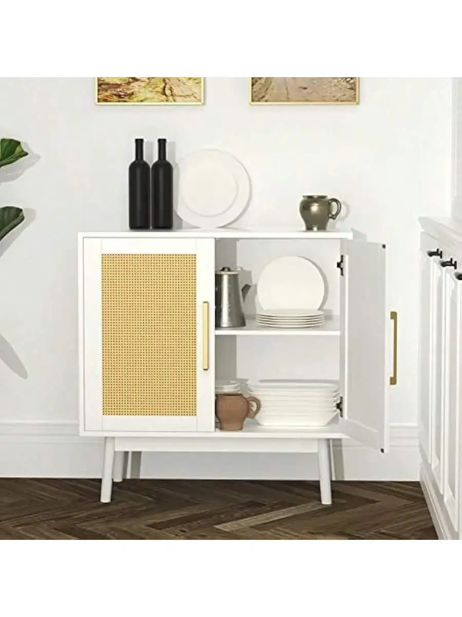 JOZZBY Rattan Sideboard Buffet Cabinet Set of 2 White Cabinet with Rattan Doors and Adjustable Shelves Accent Cabinet fo 4