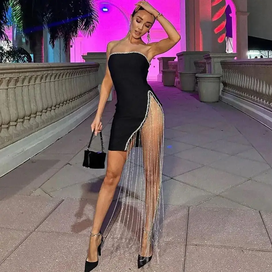 

STOCK Shining Diamond Chain Sexy Slit Strapless Black Bandage Mini Dress Woman Birthday Party Dress Nightclub Party Outfit