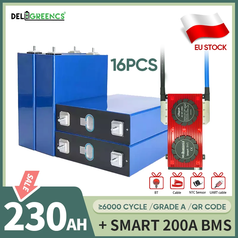 

Free Shipping LiFePO4 Battery 12V 230AH Rechargeable Batteries Smart BMS 4S 200A 8S 24V 16S 48V with Bluetooth EU Stock Solar