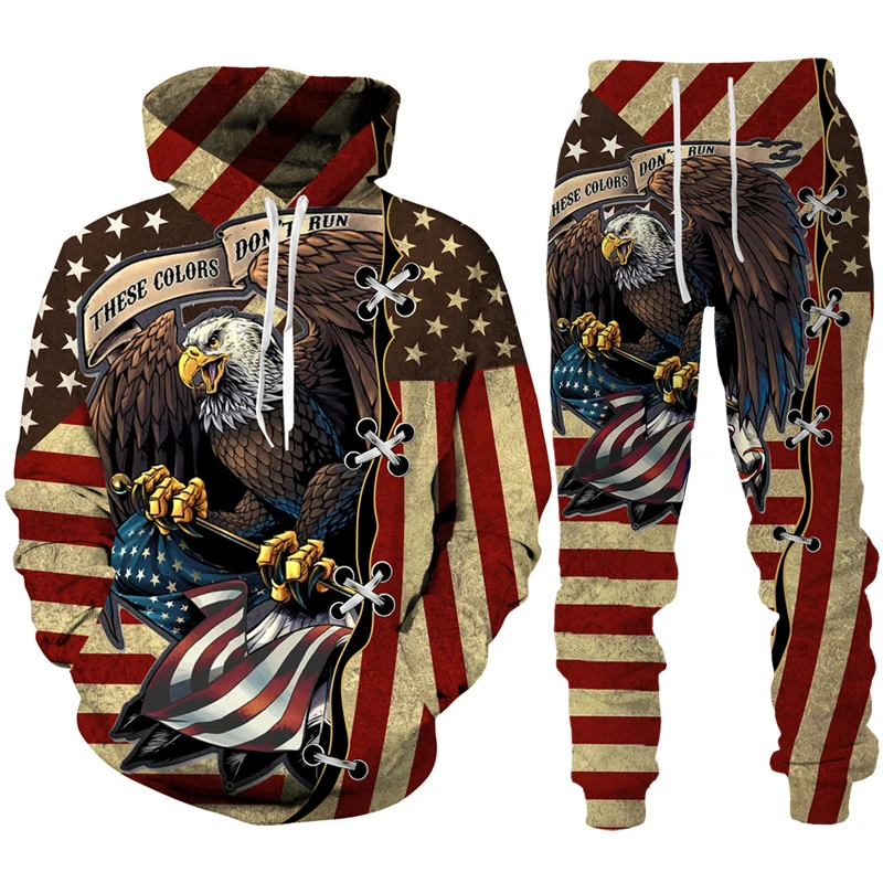 Cool USA Flag Eagle 3D Printed Hoodie/Suit Men Women Sweatshirts+Sweatpants Outfit Set Jogger Fashion Hip Hop Streetwear Clothes - Image 2