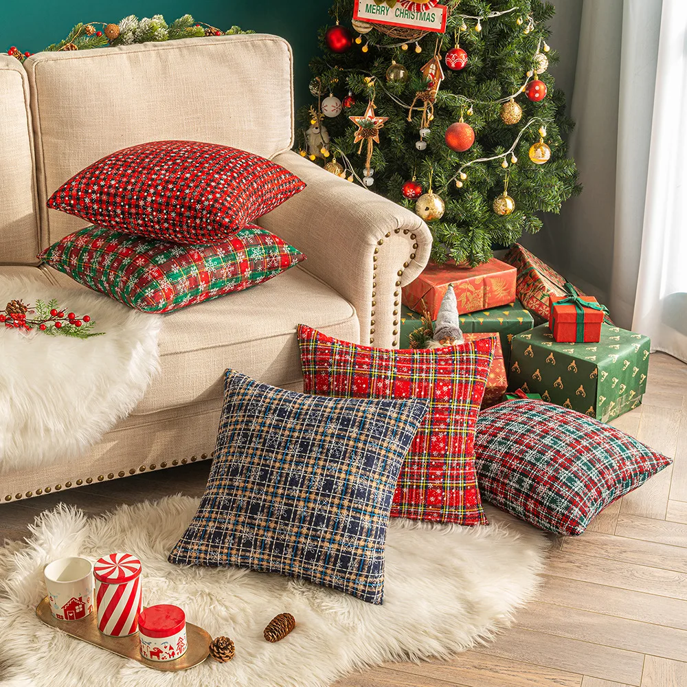 Set Of 4 Christmas Pillow Covers 18x18 Inch - Linen Holiday Covers With Hidden Zipper, Black & Red Plaid