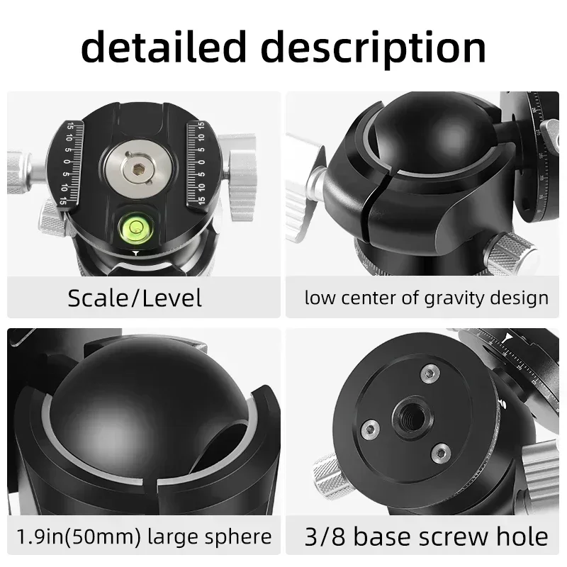 Tripod gimbal 55mm aluminum 360 &deg; panoramic ball head installation Yajia quick release plate Maximum Load capacity 35KG