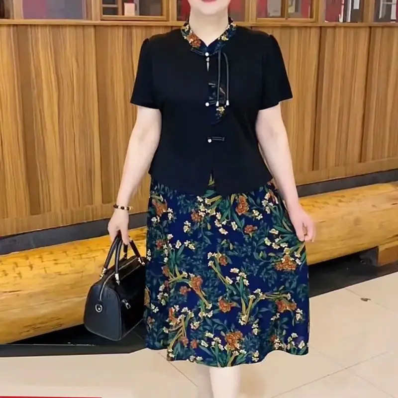 Fake Two Pieces Chinese Style 2024 Summer New Women's Stand Collar Button Spliced Short Sleeve Elegant Loose A-Line Dresses