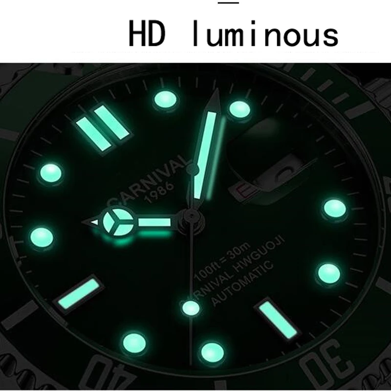 CARNIVAL Automatic Mechanical Watch Men's Fashion Sports Black Stainless Steel Waterproof Luminous Men Watches Reloj Hombre