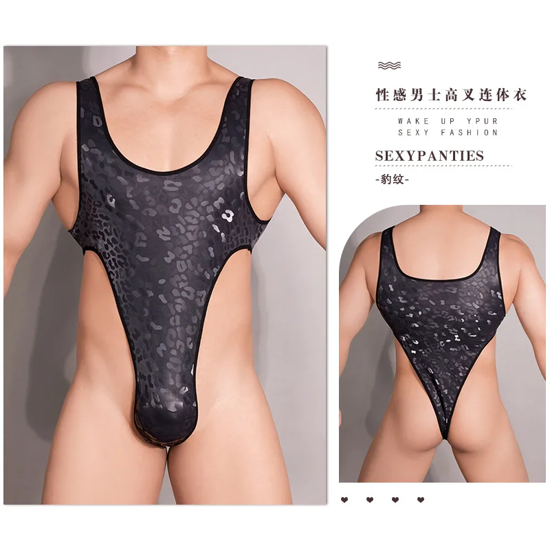 Black Leopard Print Men's Sexy Jumpsuit Stretch One-Piece Underwear Plus Size Bodysuit High Cut Rompers