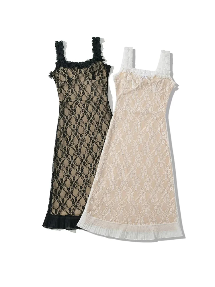 

Sexy Lace Spliced Midi Black Dress Women Ruffles Camisole Sleeveless Slim Stretchable Slim Dresses