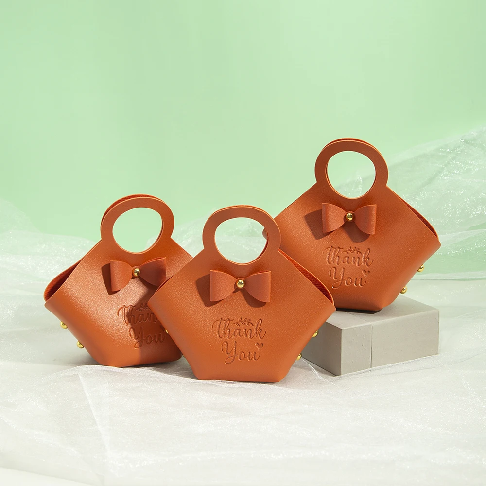 Orange PU Leather Jewelry Thank You Bag 16x9x7cm Wedding Halloween Candy Chocolate Gift Handbag Bowknot Oil Storage Basket Pouch