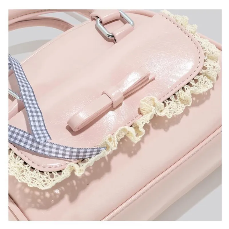 JIAERDI Sweet Cute Pink Messenger Bag Women Harajuku Lace Bow Chic Handle Boston Crossbody Bags Ladies Retro Bowling Bag Y2k