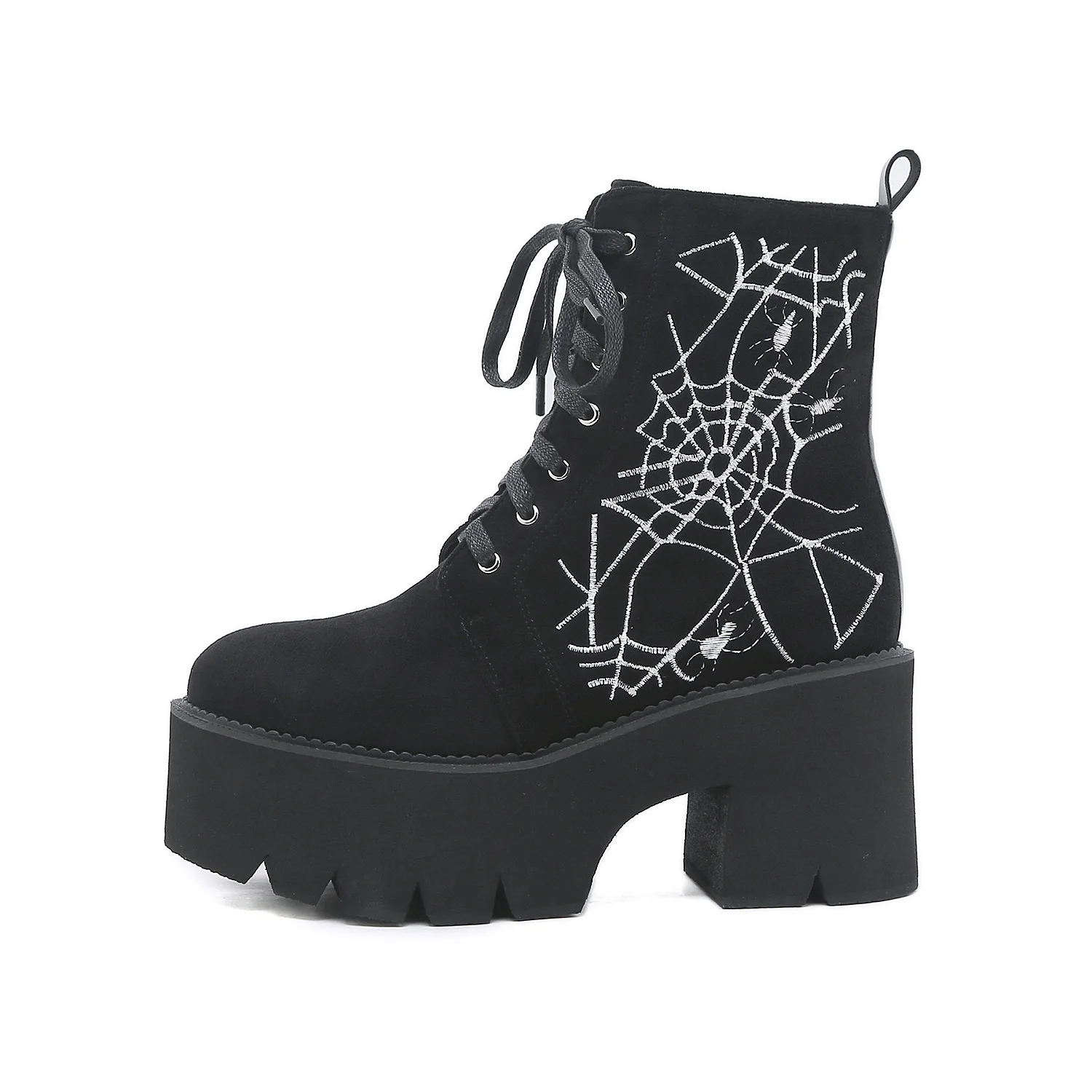 

New Women Embroidery Ankle Boots Winter Round Toe Cross-tied Chunky High Heeled Short Boots Platform Punk High Top Bootie Female