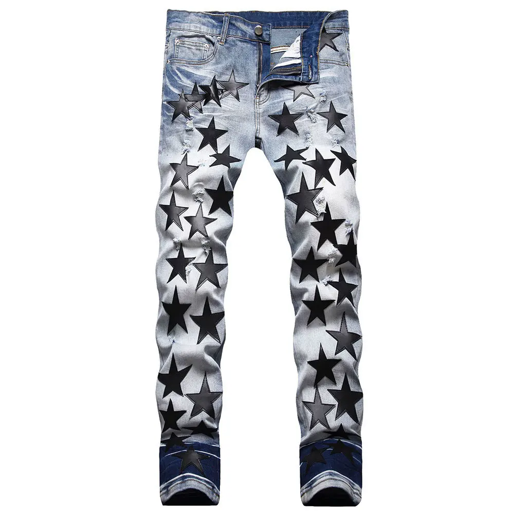 

2023 Hip Hop Black Star Leather Stitching Ripped Jean Brand Patchwork Jean Men Denim Pant Summer Streetwear Ripped Tights Pant