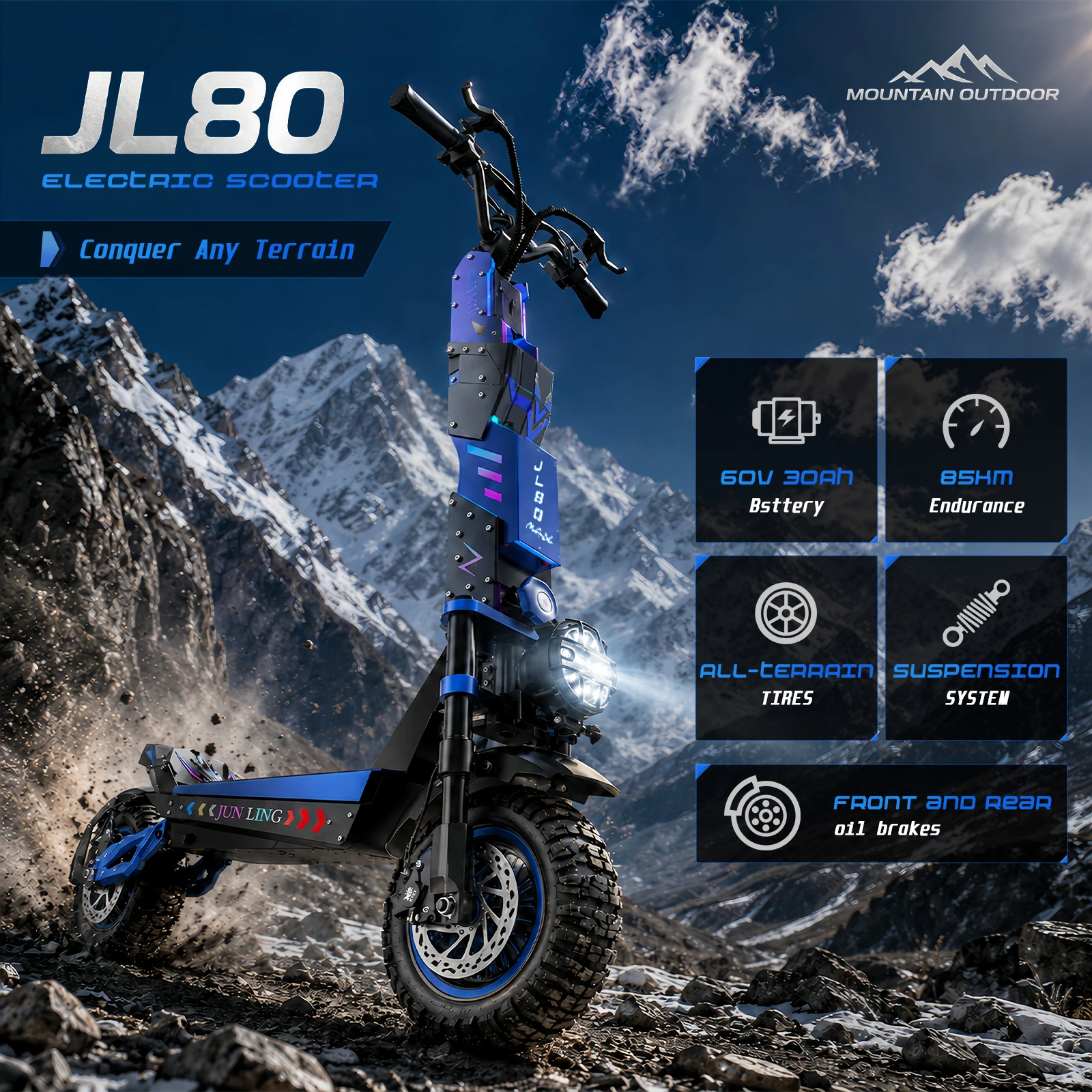 Trottinette électrique JL80 pour adultes, batterie 60V 30Ah, 85 km d'autonomie, pneus tout-terrain de 12 pouces, double frein à huile, trottinette électrique tout-terrain avec application 1