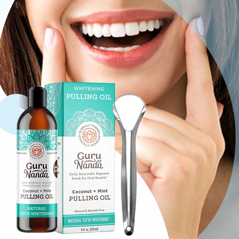 Pulling Coconut Oil Mouthwash Non Alcohol Mint Tongue Oral Clean with Tongue Scraper Fresh Oral Breath for Women Men Care teeth whitening powder