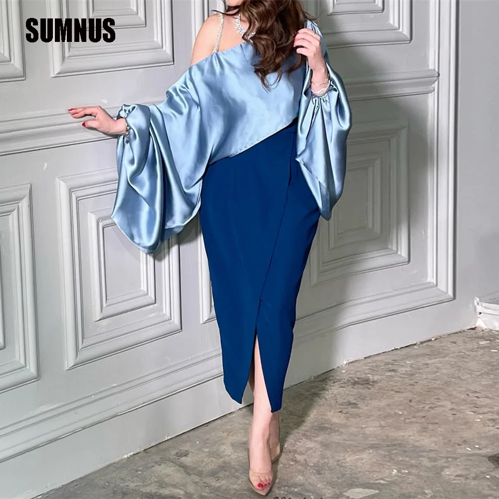 

SUMNUS Blue Satin Party Dresses Ankle Length Leg Slit Elegant Evening Dress Ruched Long Sleeve Bespoke Prom Gowns Robe De Soirée