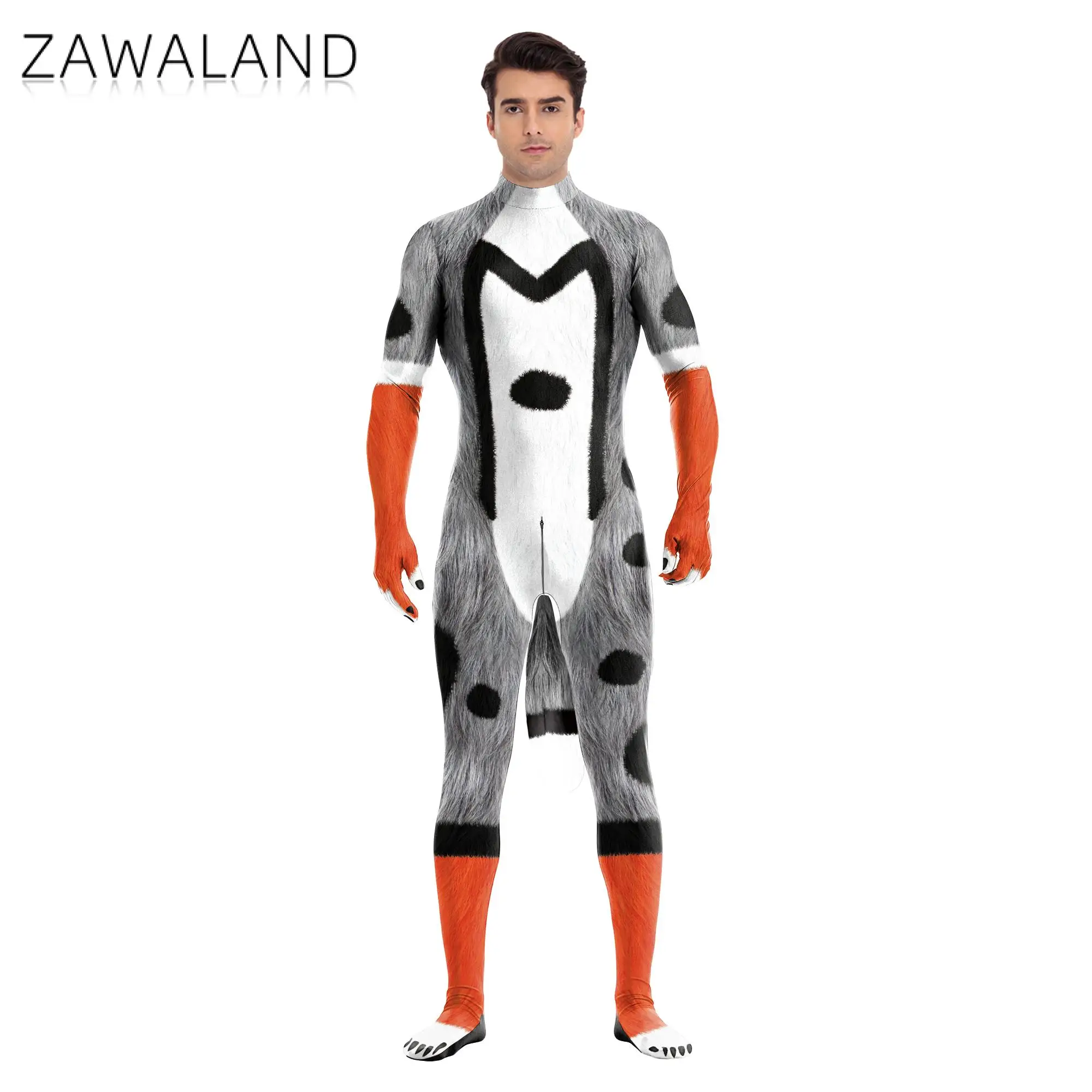 Zawaland Adult Furry Petsuit Animal 3D Print Zentai Bodysuit Fancy Carnival Cosplay Costume Festival Party Catsuit Disguise Wear