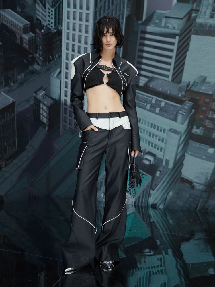 

Coat Women's Black Basic Style Leather Tube Top Suit Stand Collar Zipper Pocket Long Sleeve Slim Pu Leather Street Style Solid