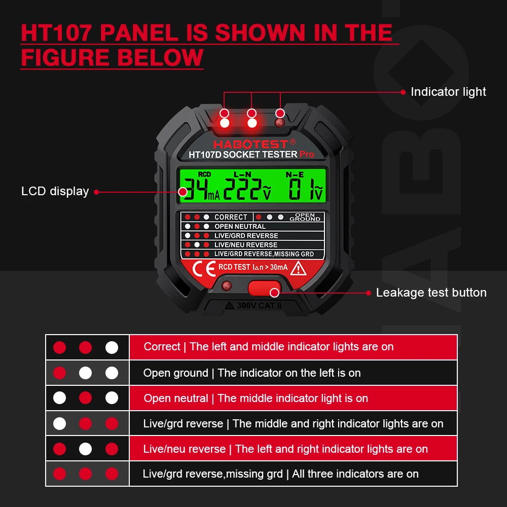Socket Tester HABOTEST HT107 Pro Voltage Test RCD 5/30mA Socket Detector Ground Zero Line Plug Polarity Phase Check