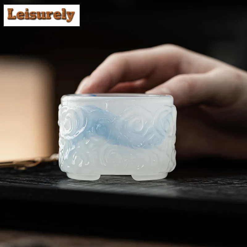 2pc/lot White Jade Glass Teacup Zen Tea Bowl Tea Pair Meditation Cup Jianzhan Master Cups Tea Ceremony Supplies Ornaments Gifts