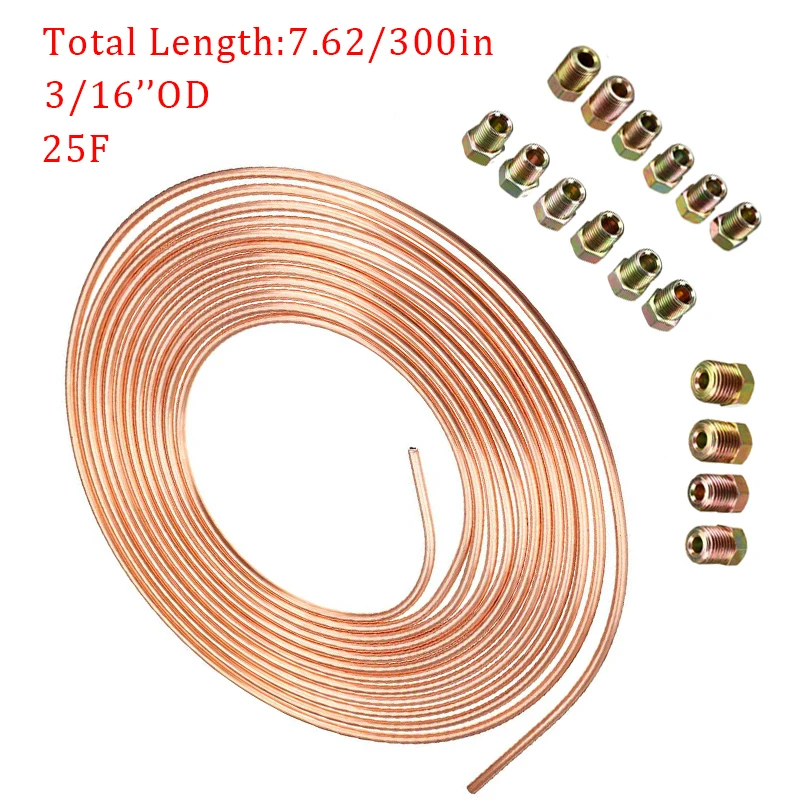 Brake Pipe Hose 16PCS Tube Nuts Car Roll Tube Coil of 3/16" OD 25FT 7.62m Copper Nickel Brake Pipe Hose Line Piping Tubing Anti-rust