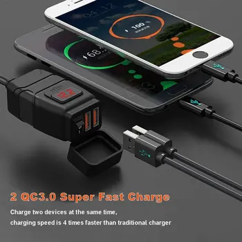 범용 오토바이 USB 충전기, QC3.0 핸들바 고속 충전, 방수 12V 소켓 어댑터, 전압계 오토바이 도구 포함