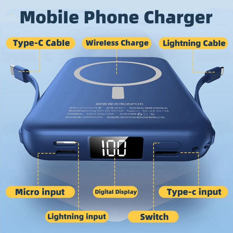 20000mAh 마그네틱 무선 보조배터리 20W 급속 충전기 외부 예비 배터리 팩 iPhone 15 14 13 12 Pro Max 미니 보조배터리용