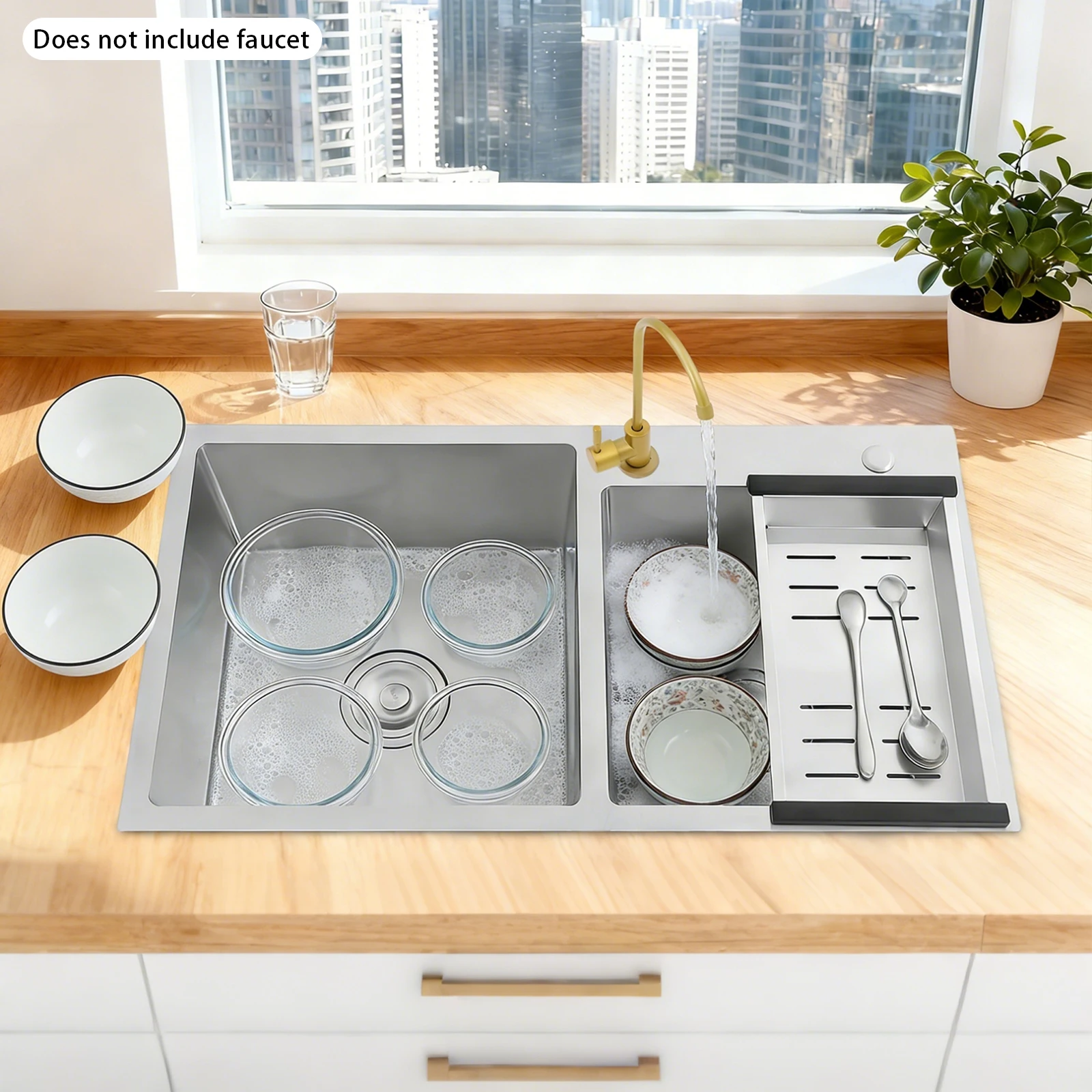 Double Bowl Sink Multi Installation Type Kitchen Stainless Steel Sink Wire Drawing Sink with Drain Basket for Home Restaurant Bar Garage