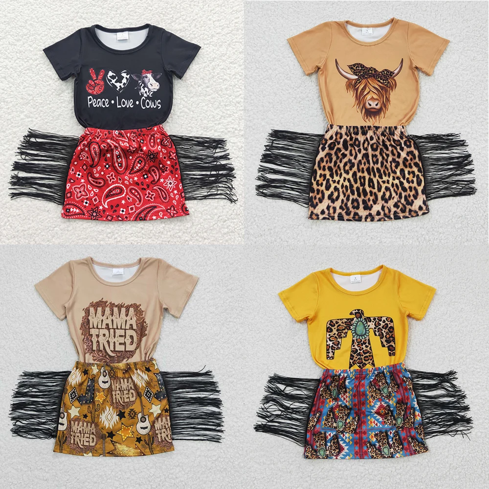 Vestiti Estivi Occidentali Infantili All'Ingrosso Bambini Neonata Camicia Maniche Corte Top Set Kid Cow Print Gonna Nappa Toddler Outfit