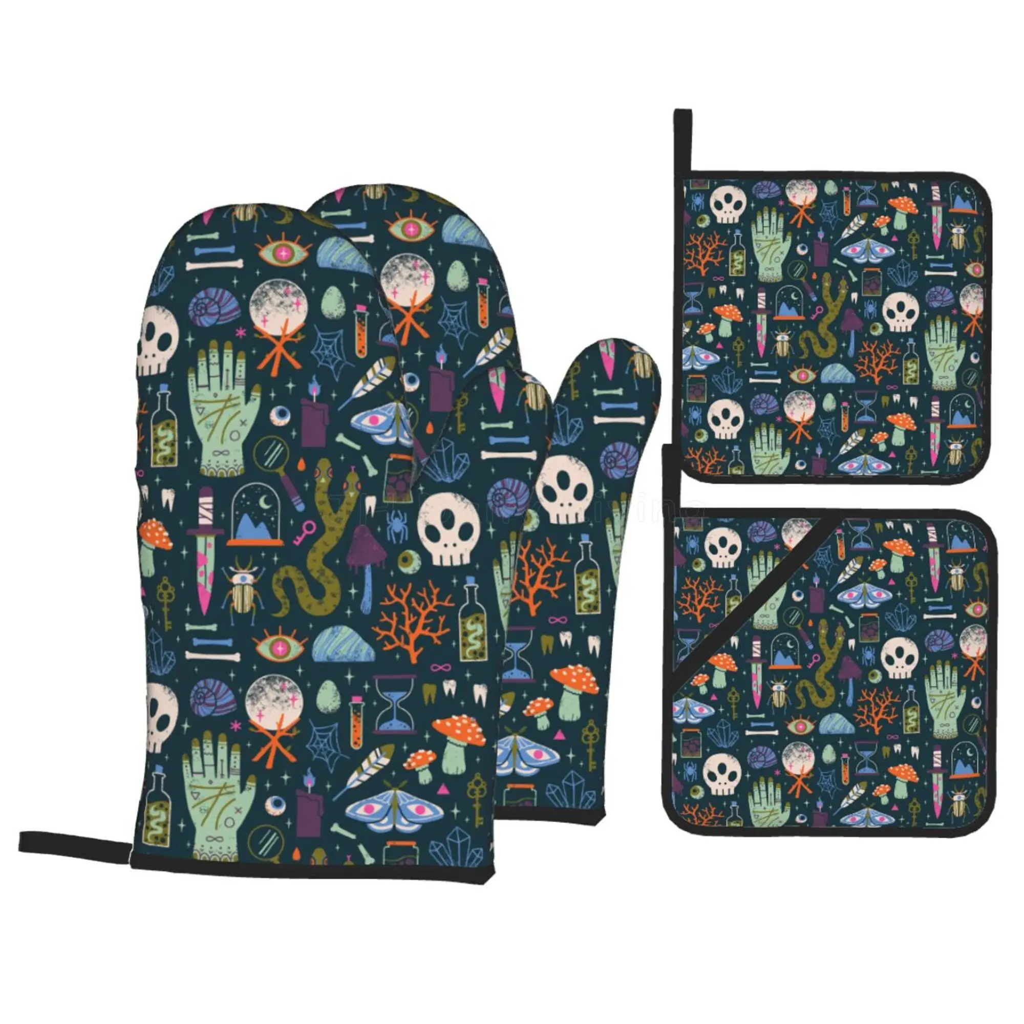 

Magical Style Hand Eyes Moon Skull Cat Bat Snake Key Oven Mitts and Pot Holders Sets of 4 Heat Resistant Non Slip Kitchen Gloves