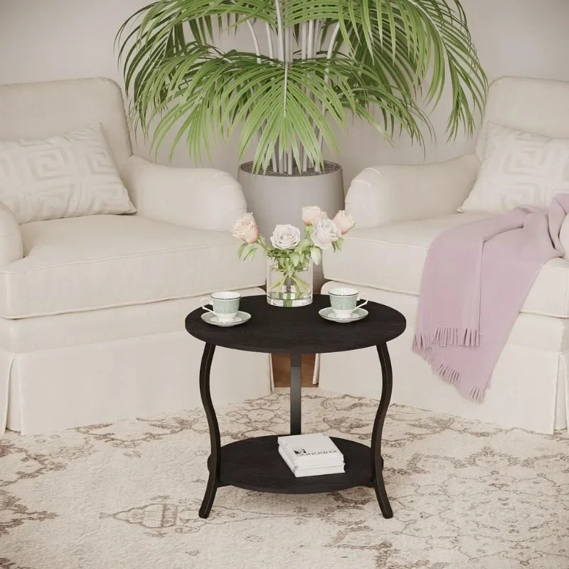 Coffee Table with Open Storage,23" 2-Tier Coffee Side Tables for Small Space, Accent Center Table Circle Sofa End Table 4