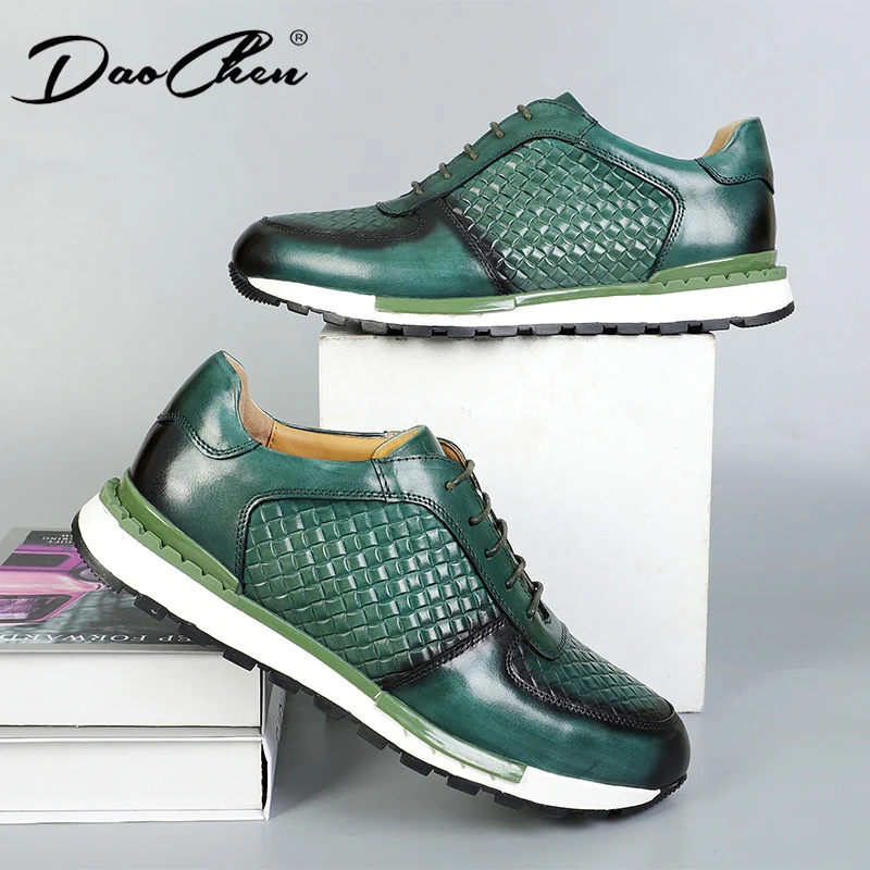 DAOCHEN LUXURY MEN CASUAL LEATHER SHOES FASHION LACE UP SPORT GREEN MENS DRESS SHOES PATCHWORK SNEAKER SHOES FOR MEN