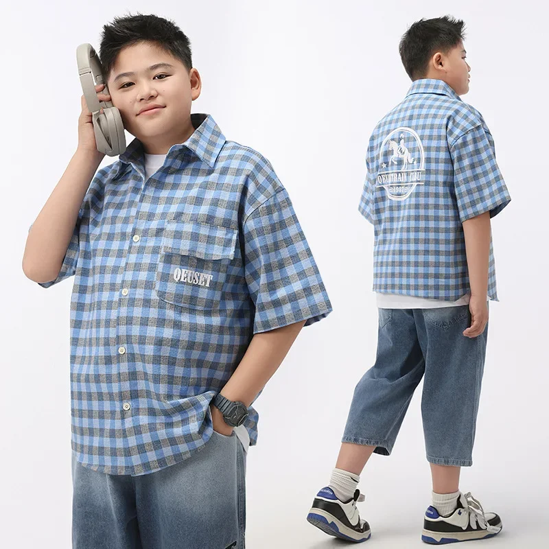 Boys Summer Short Sleeve Shirt Plaid Half Sleeve Trendy Sports Style Children's Clothing Big Kids Middle School Students