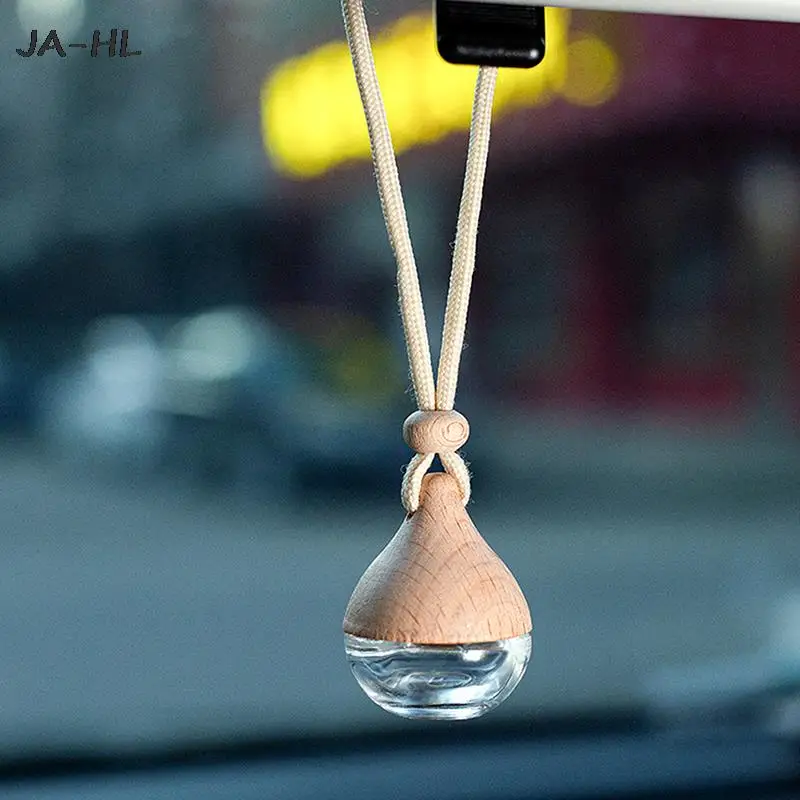 

Hot 1pc 6ML Empty Car Air Freshener Pendant Perfume Glass Bottle With Wooden Caps Refillable Car Essential Oil Diffuser Bottle