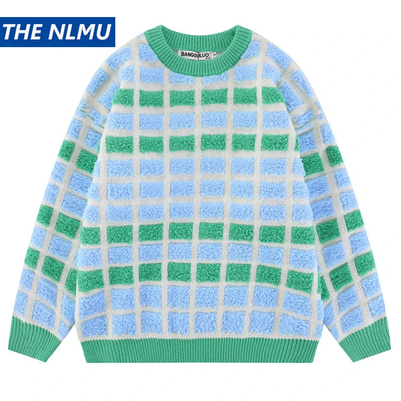 

Men Vintage Plaid Sweater Couple Letter Graphic Knitted Sweaters Casual Loose Pullover Hip Hop Streetwear Y2K Knitwear Unisex