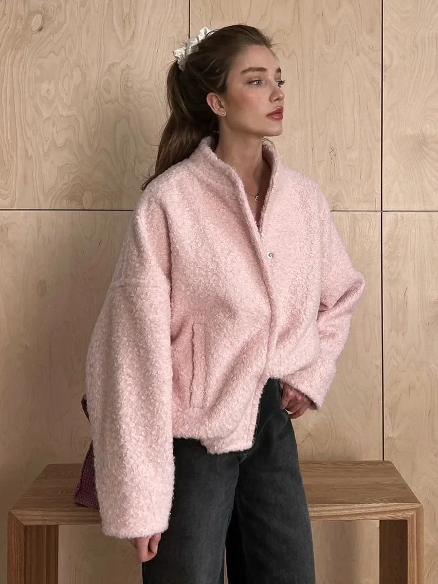 Women’s Pink Faux Fur Jacket – Autumn/Winter Loose Casual Warm Coat