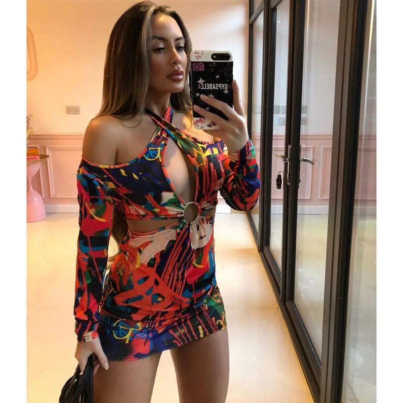 Sexy Dress Summer Hollow Printed Birthday Dresses for Women Nightclub Y2k Clothes Festival Clothing Streetwear Wholesale Items