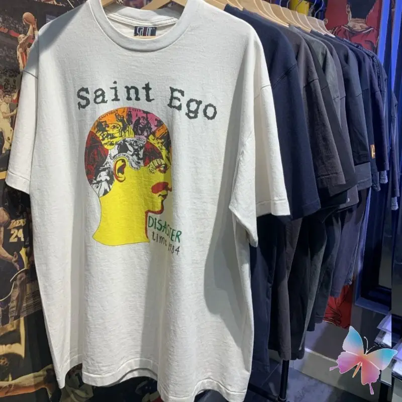 

Wash White Brain Pattern Retro Letter Print Saint Michael T Shirt Men Women Cotton Casual Loose Short Sleeve T-shirt Streetwear