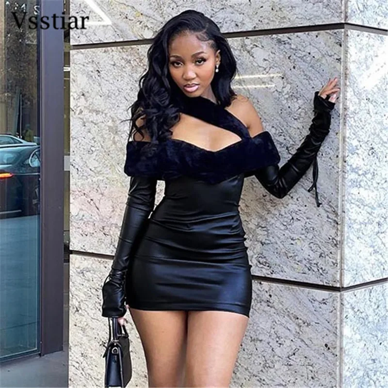 

Vsstiar Off Shoulder Faux Collar Mini Women Dress Black Long Sleeve Bodycon Leather PU Outfits Sexy Nightclub Party Vestidos