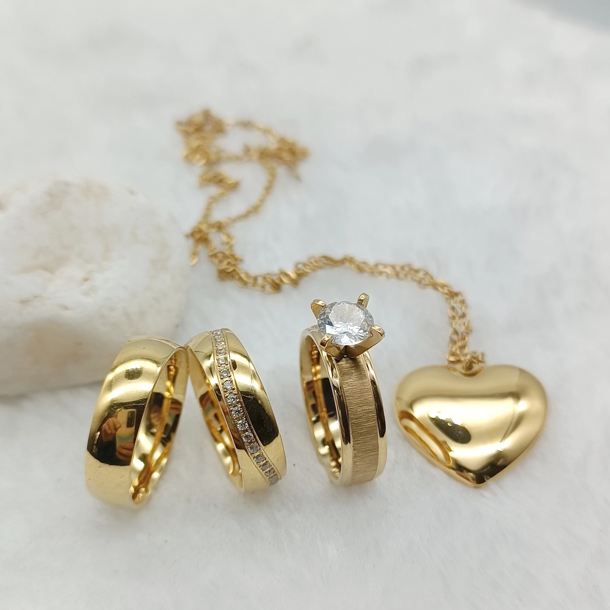

Stainless Steel Stone Ring 14K Gold Plated Jewellery Engagement Ring Valentine's Pendant Wedding Bridal Couples Jewelry Sets