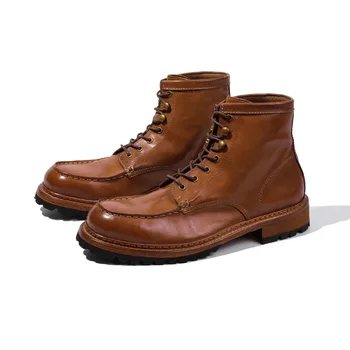 British Style Genuine Leather Riding Chelsea Boots Men Shoes Handmade Retro Work Cowhide Motorcycle Ankle Boots Male High Top