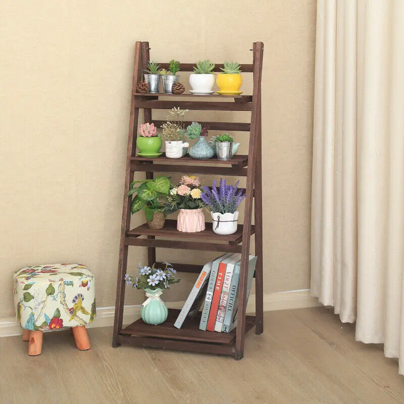 Rustic Wood Plant Stand 43" Foldable 4-Shelf, Indoor Outdoor Flower Pot Rack for Garden Patio Home Decor