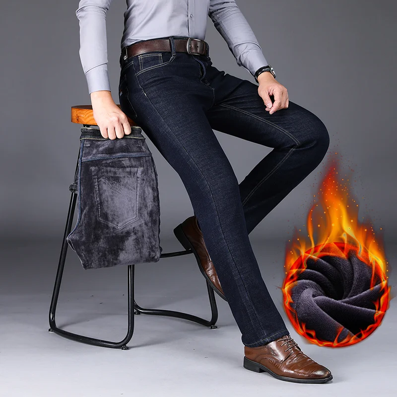 Men Jeans Winter Thicken Business Office Denim Trousers Stretch Casual Pants men jeans mens jeans jeans trousers denim trousers business jeans mens casual trousers