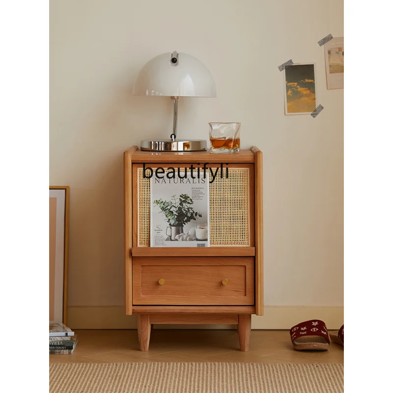 

Nordic Solid Wood Rattan Bedside Table Narrow Cherrywood Mini Cabinet Locker Japanese Style Storage Rack storage cabinet