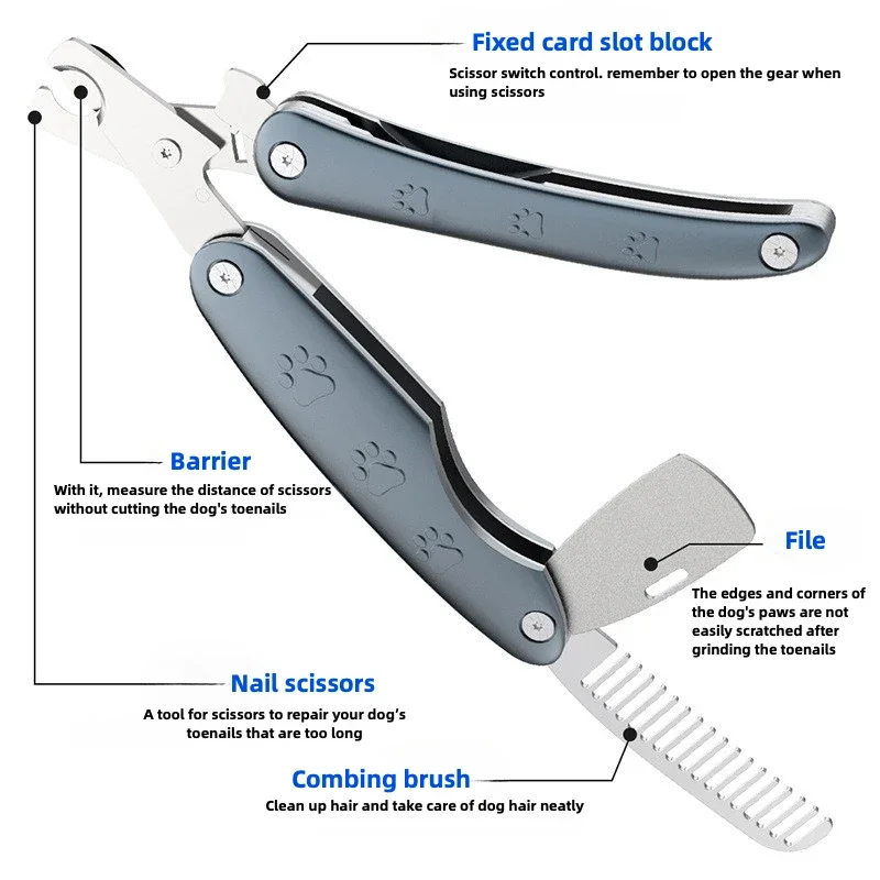 Pet Nail Clippers, Stainless Steel Foldable Multifunctional Cat and Dog Nail Clippers, Scissors, Pet Supplies