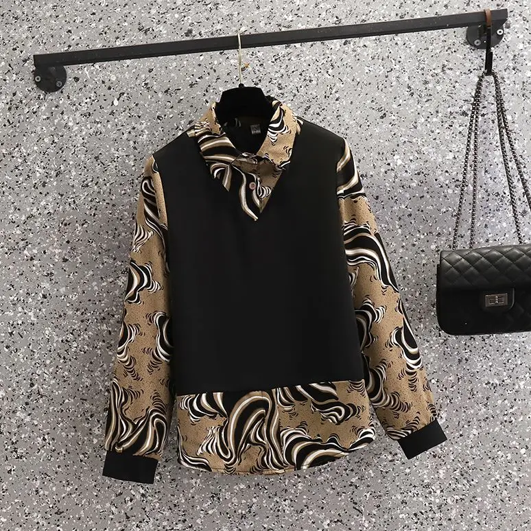 Vintage Water Wave Print Patchwork Chiffon Shirt Tops Casual Pants Two-piece Elegant Women's Pants Set Office Outfits Clothing