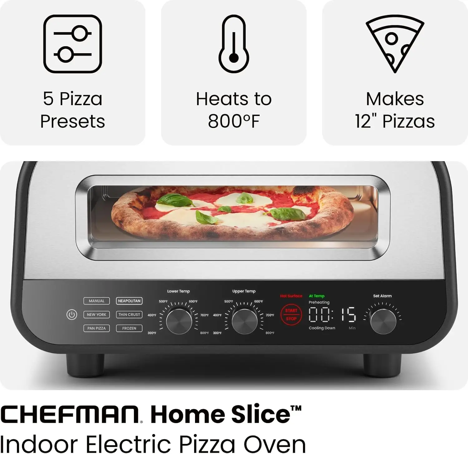 Indoor Pizza Oven-Makes 12 Inch Pizzas in Minutes, Heats up to 800&deg;F-Countertop Electric Pizza Maker with 5 Touchscr