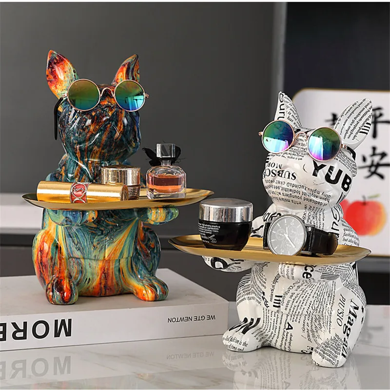 

French Bulldog Figurine with Tray Sculpture Desk Storage Statue Decorative Coin Bank Home Room Abstract Art Decoration
