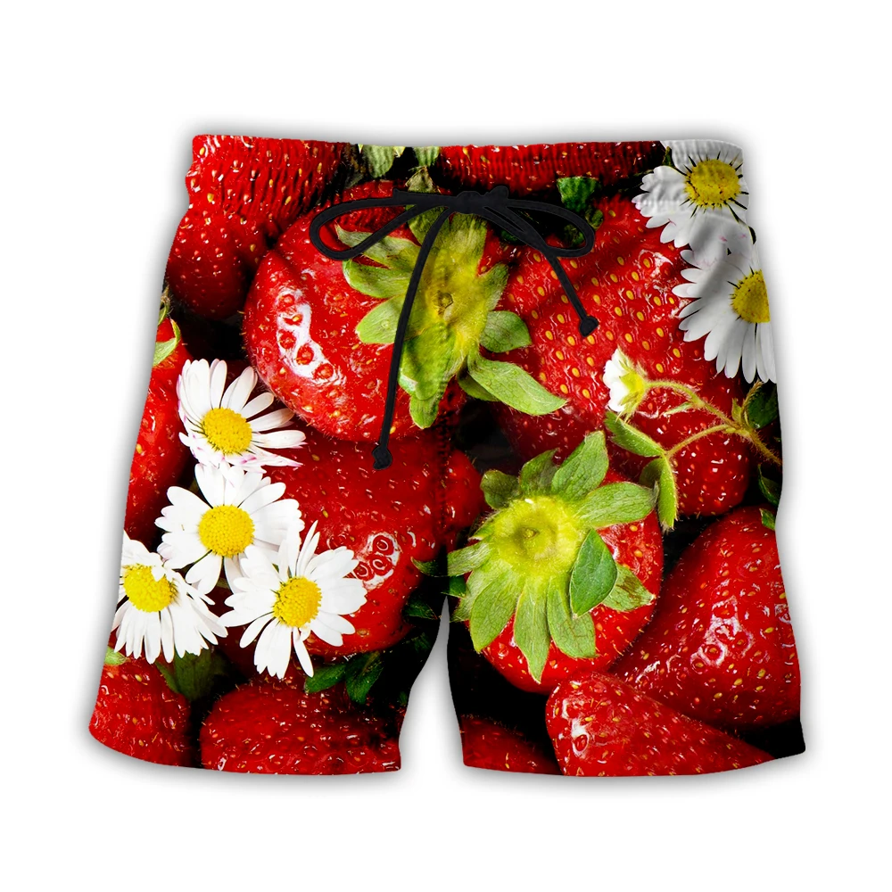 Novelty 3D Shorts for Men Strawberry Watermelon Printed Trunks Summer Beach Shorts Drawstring Mid Waist Elastic Short Pant New